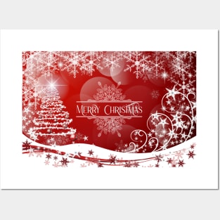 Pretty Xmas Tree and Snowflakes and Merry Christmas Greeting - on Red Posters and Art